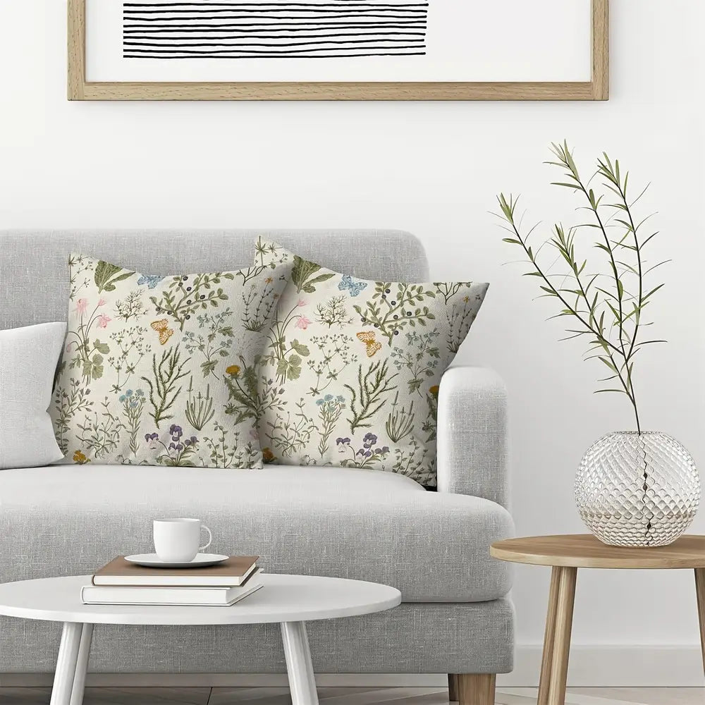 Lot de 2 housses de coussin printanières, motif fleurs sauvages vert sauge