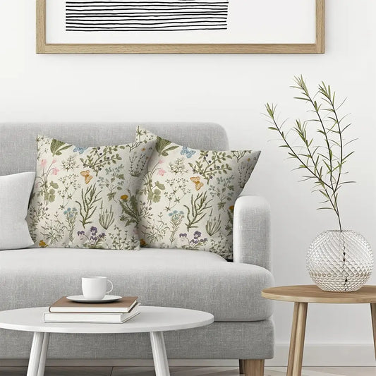 Lot de 2 housses de coussin printanières, motif fleurs sauvages vert sauge