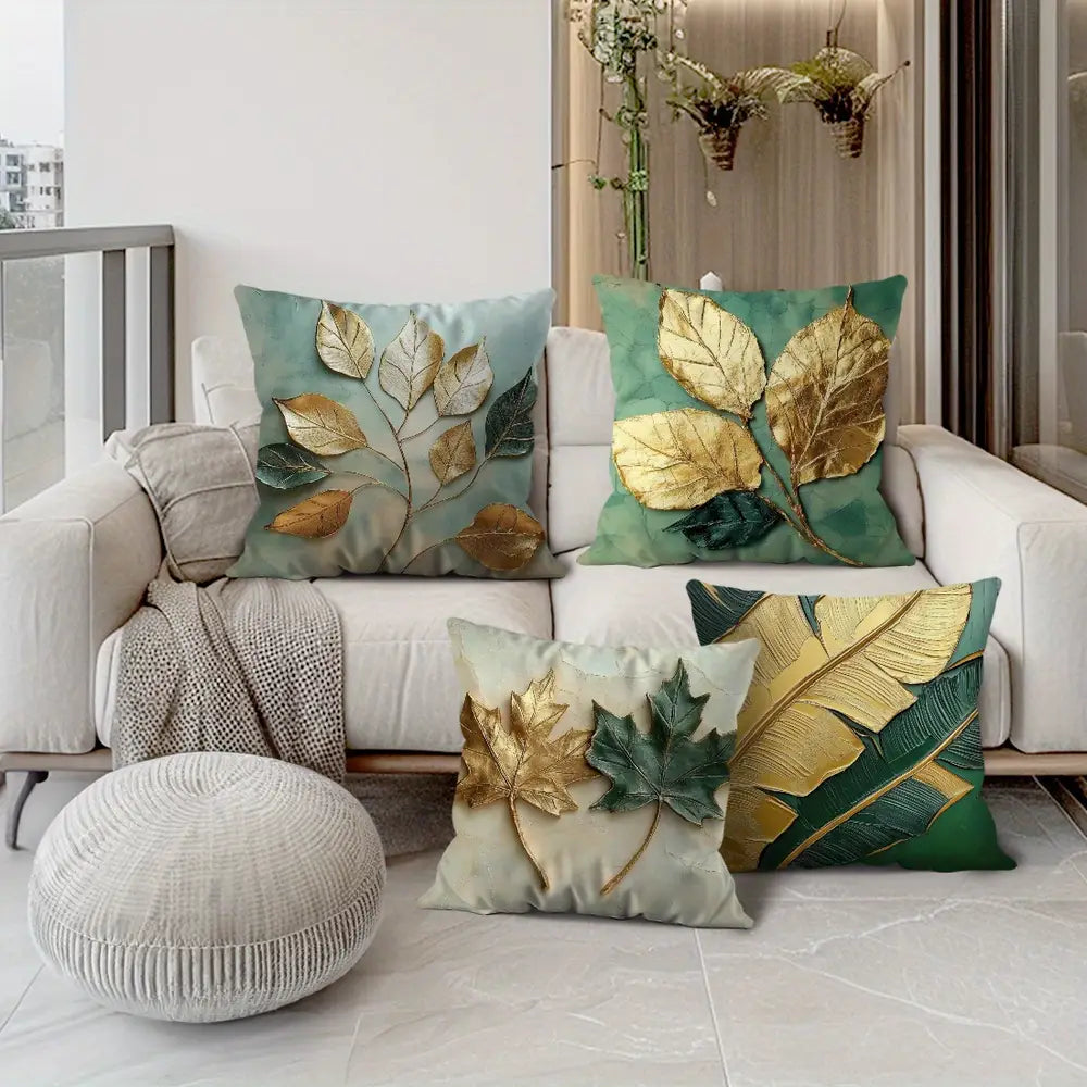 4pcs Plant Print Contemporary Peach Velvet Cushion Covers 45.72x45.72 cm