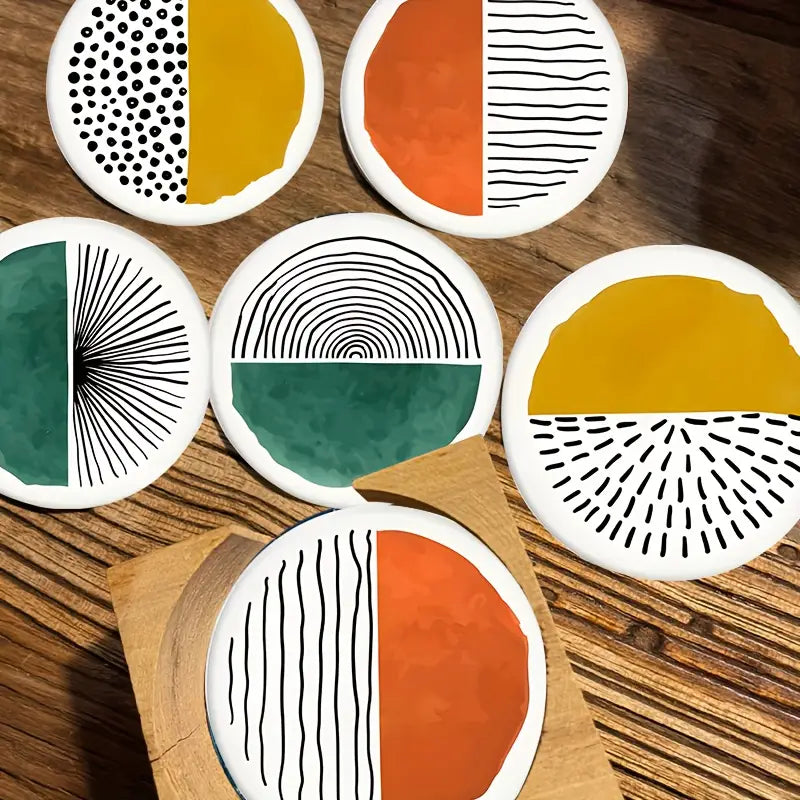 6pcs Wooden Abstract Color Pattern Coaster Set