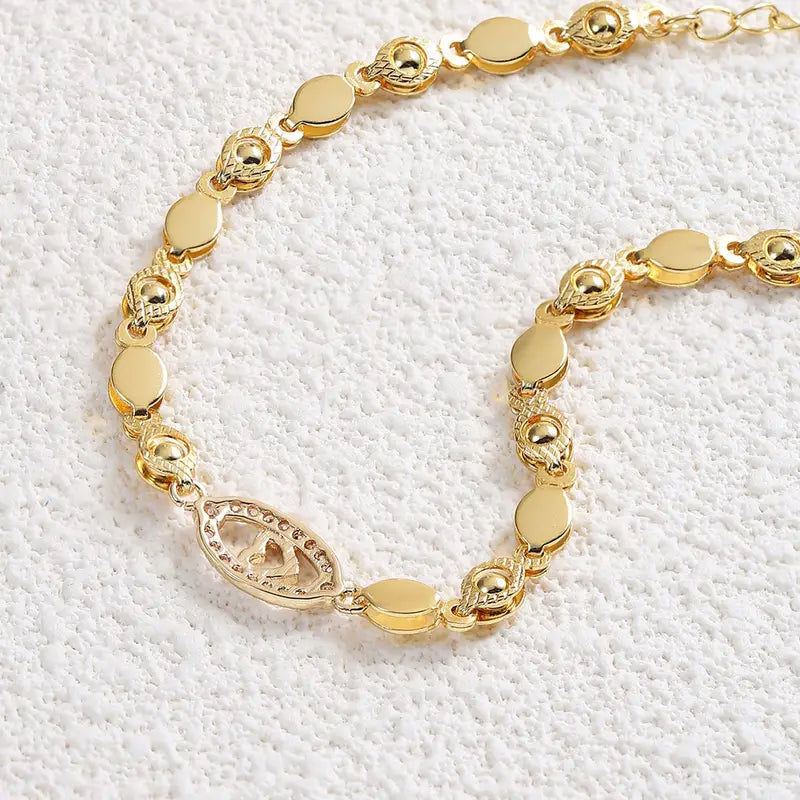 Gold Plated Heart Bracelet - CZ Leaf Charm