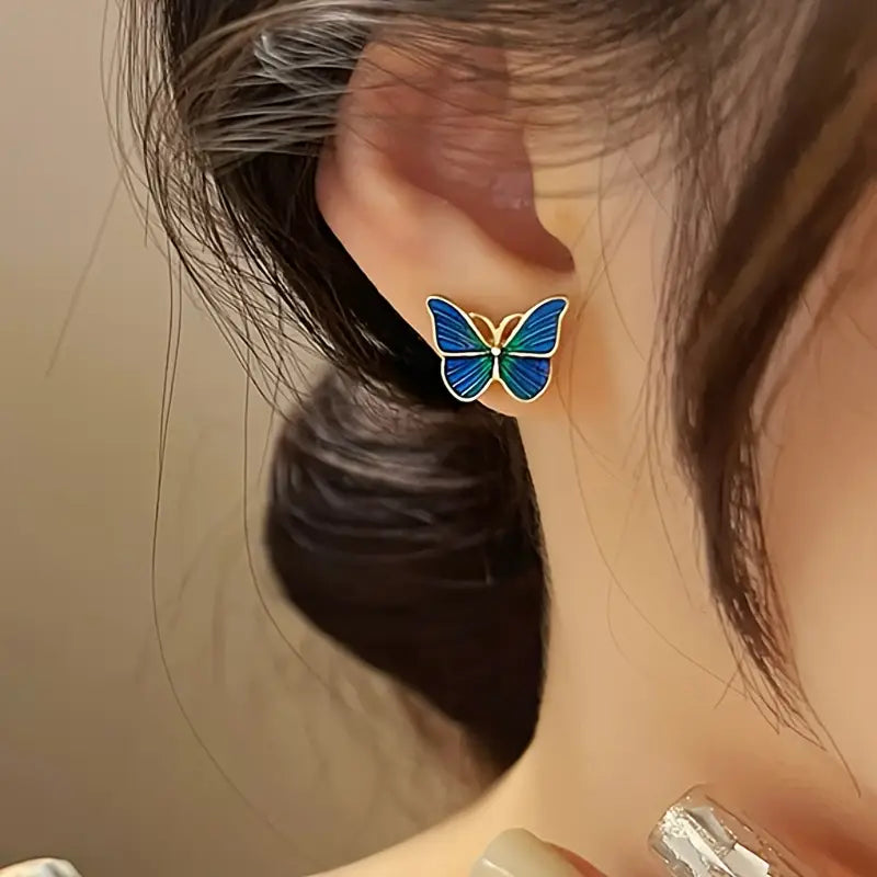 Ink Green Glazed Butterfly Stud Earrings 18K Gold Plated
