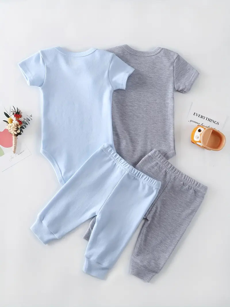 Ensemble 4 pièces pour bébé garçon | Barboteuse à manches courtes et pantalon en coton – Lavable en machine