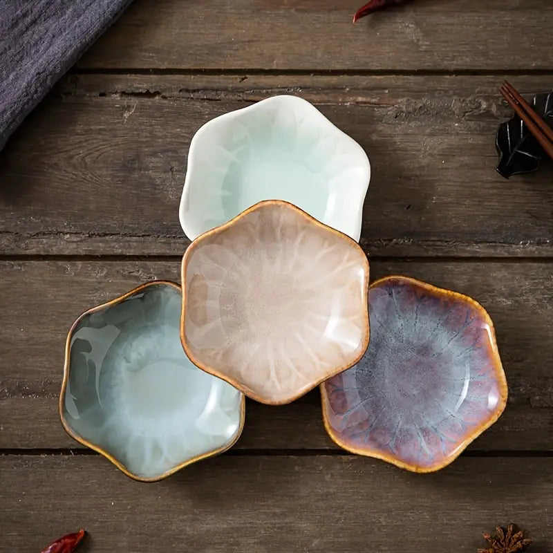4PCS Hexagonal Sauce Dishes – Ceramic Bowls for Soy Sauce & Pickles
