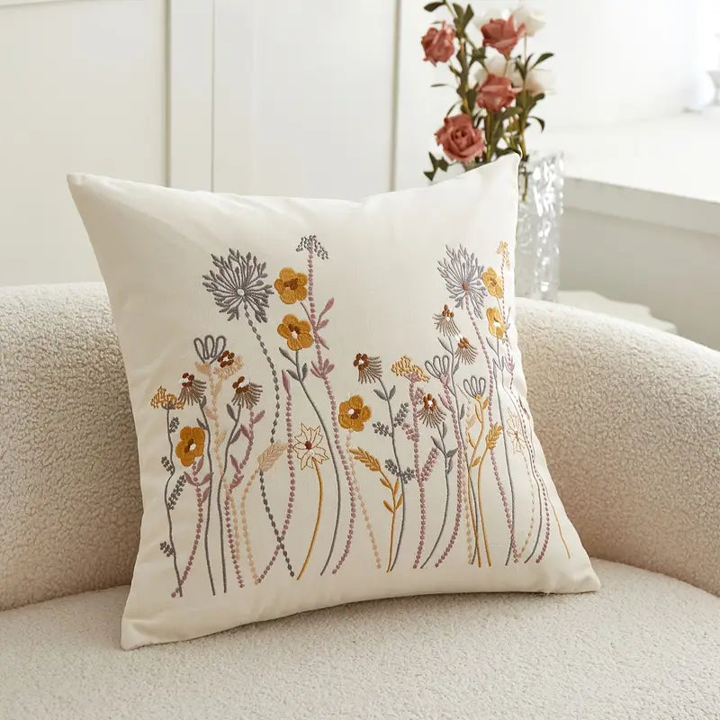 Embroidered Floral Pillow Cover - Woven Polyester Home Decor