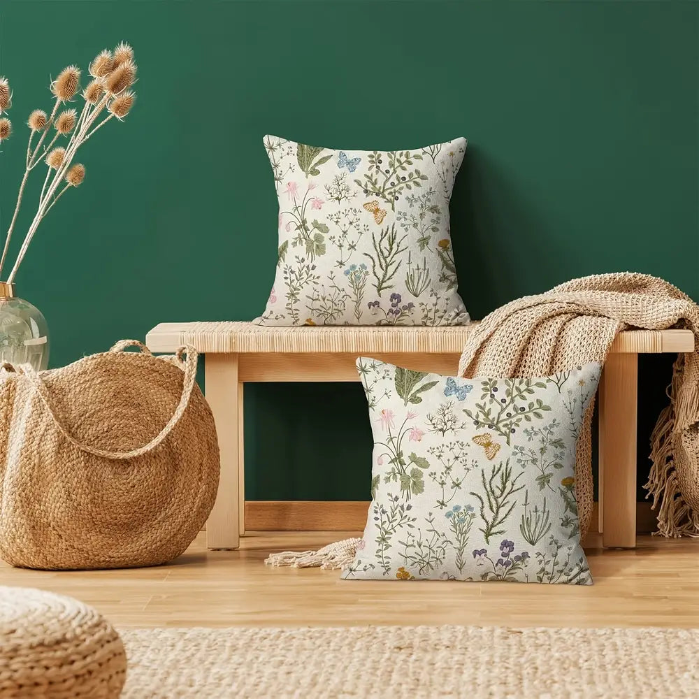 Lot de 2 housses de coussin printanières, motif fleurs sauvages vert sauge