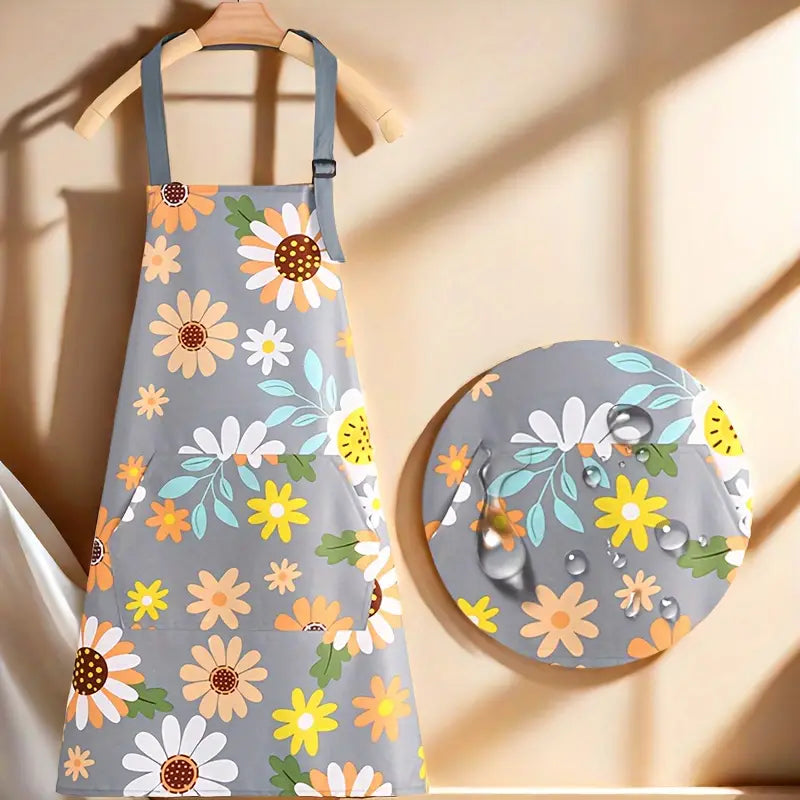 Floral Print Waterproof & Oil-Resistant Apron with Large Pocket
