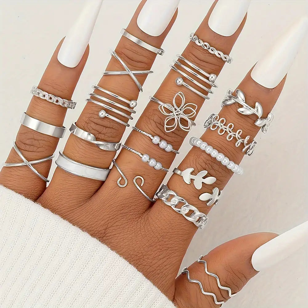 21pcs Elegant Golden-Toned Ring Set with Geometric, Floral & Olive Motifs