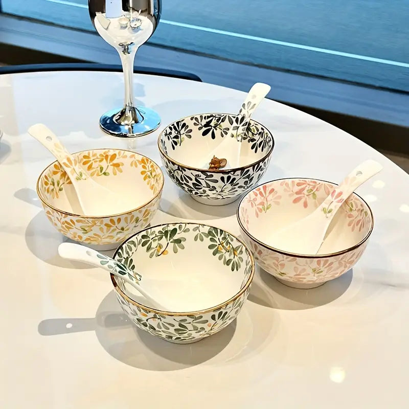 4pcs Ceramic Bowls with Floral Patterns