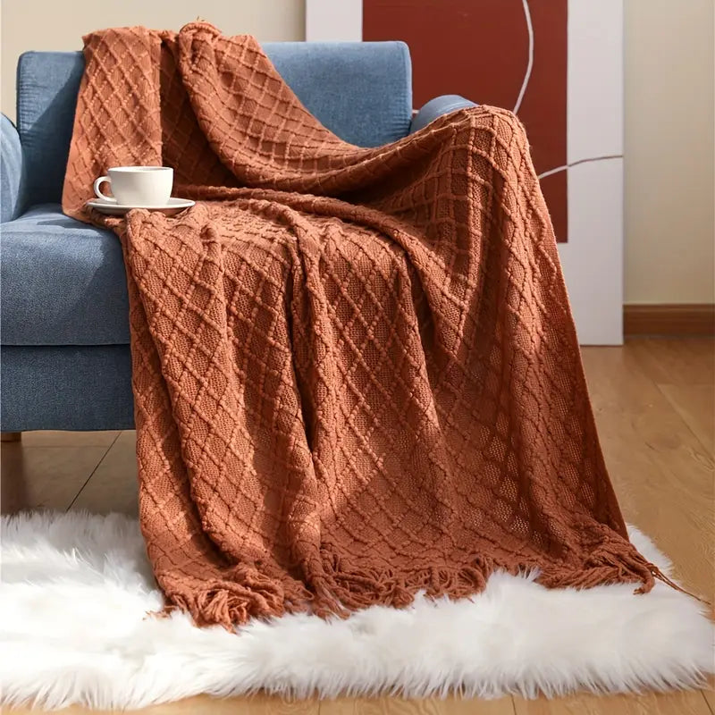 Cozy Knit Throw Blanket with Tassels - Soft Bed & Couch Blanket