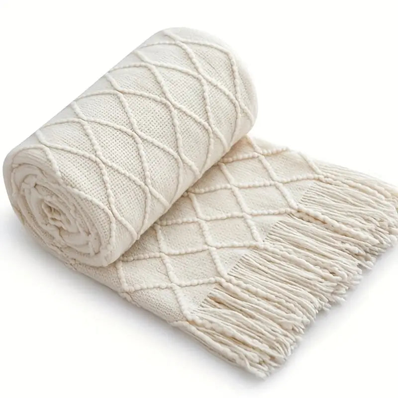 Geometric Throw Blanket: Large, Soft, Beige & White, Tassel Trim