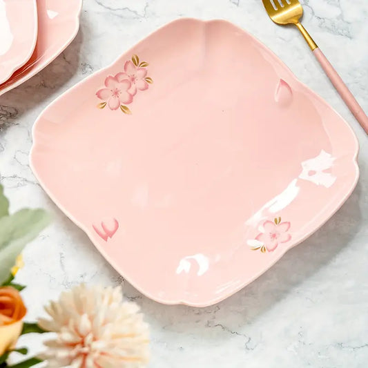 Cherry Blossom Ceramic Dinnerware Set - Pink/White Floral Round Plates & Bowls