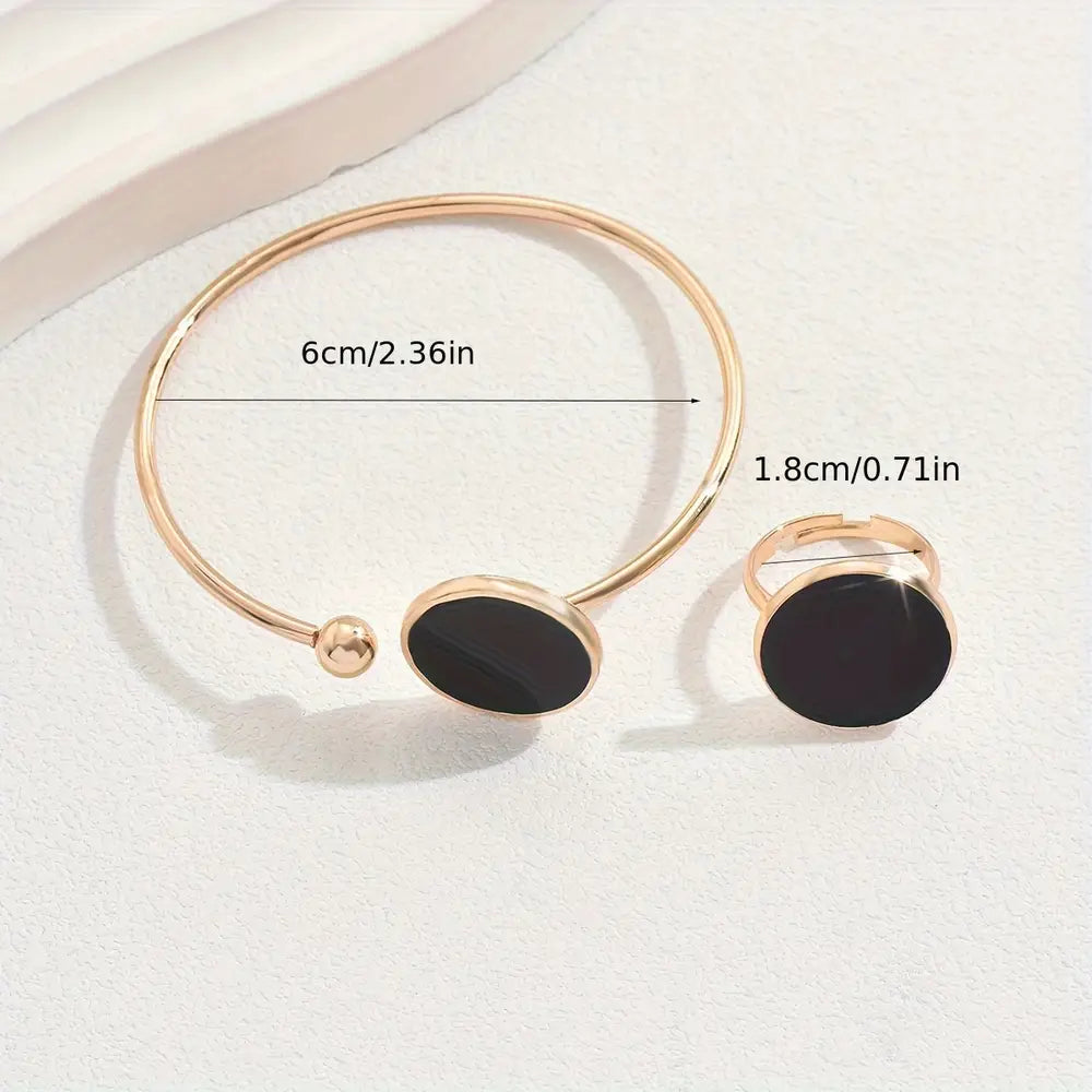 Simple Elegant Style 14K Golden Plated Open Cuff Bracelet and Adjustable Ring Set