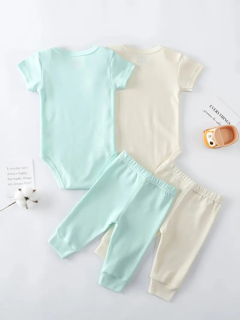 Ensemble 4 pièces pour bébé garçon | Barboteuse à manches courtes et pantalon en coton – Lavable en machine