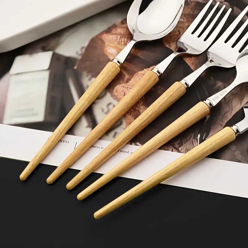 24PC Cutlery Set with Wooden Handles – Elegant Stainless Steel Dinnerware