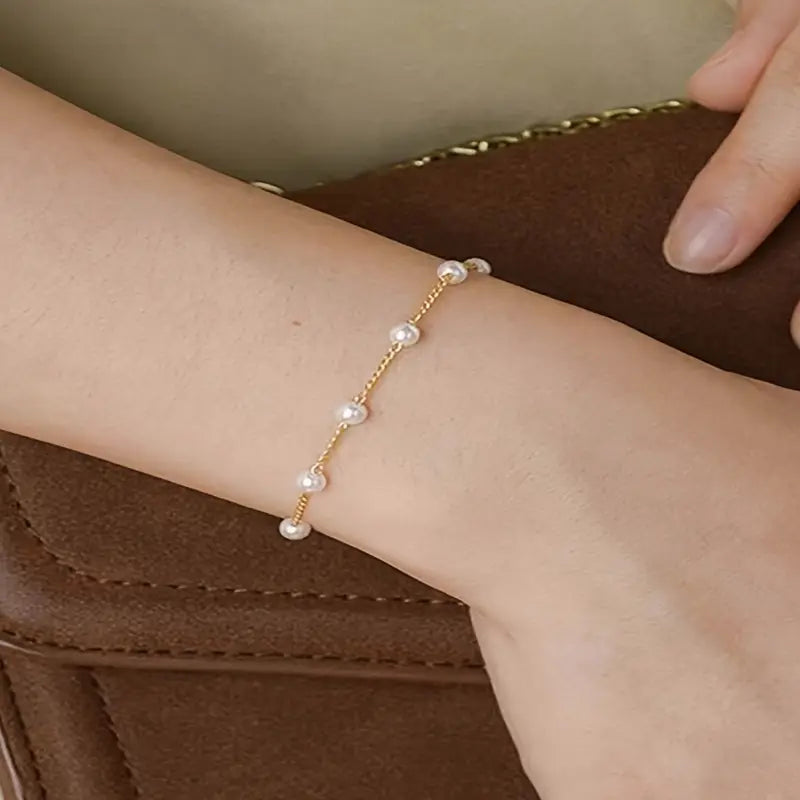 1pc Elegant Faux Pearl Beads Thin Chain Bracelet, Vintage Bohemian Style