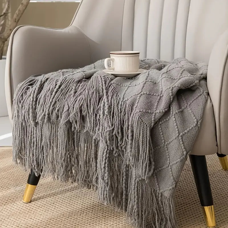 Geometric Throw Blanket: Large, Soft, Beige & White, Tassel Trim