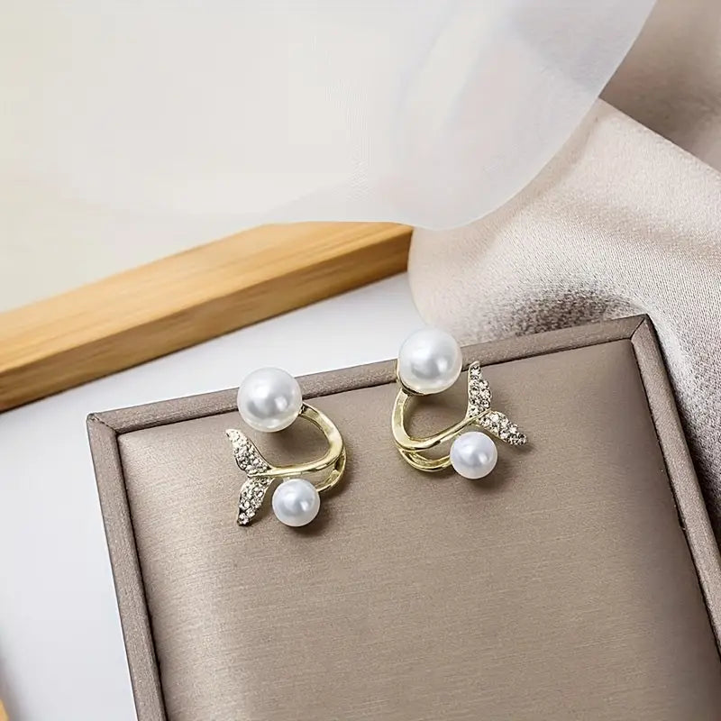 Mermaid Tail Stud Earrings with Imitation Pearl and Rhinestone Accents