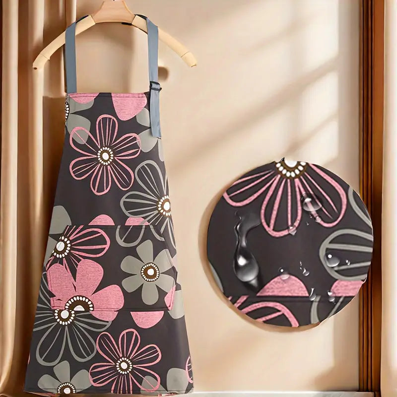 Floral Print Waterproof & Oil-Resistant Apron with Large Pocket