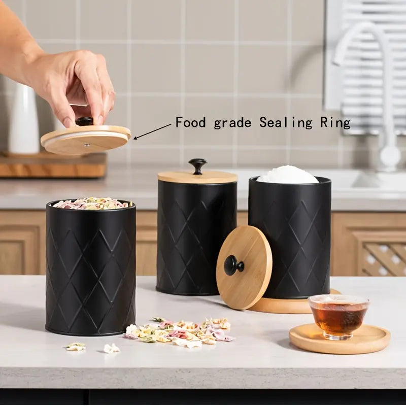 Black Metal Airtight Jars - Coffee Tea Candy Storage - Bamboo Lids