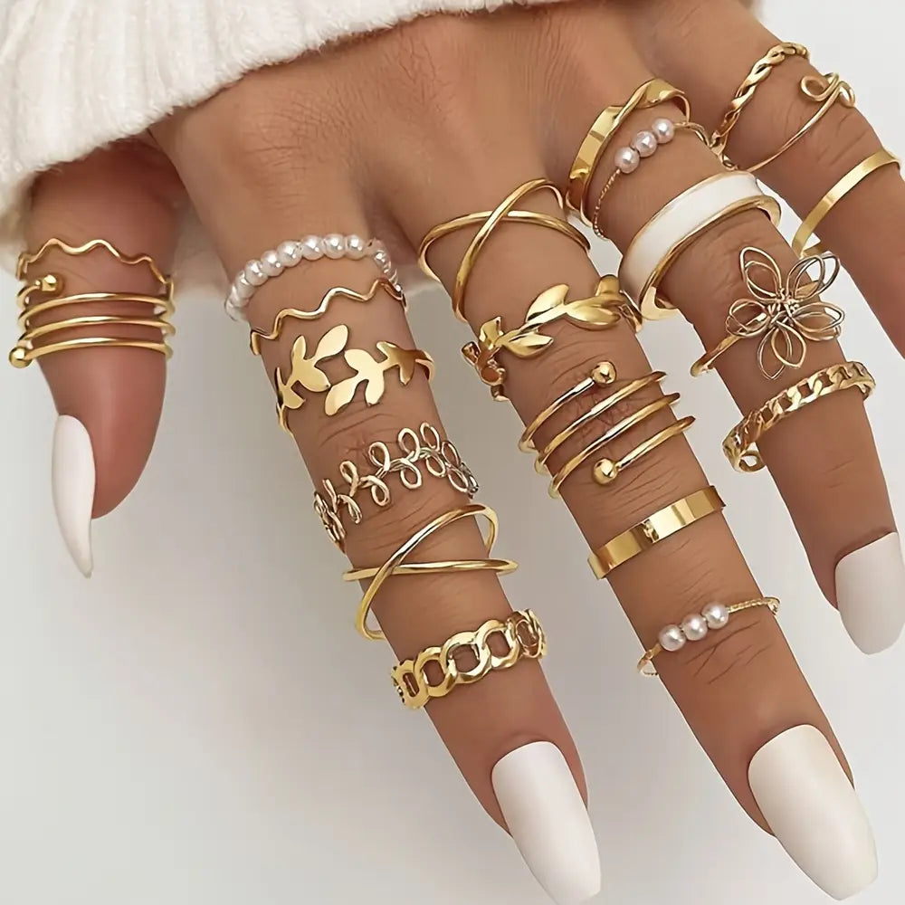 21pcs Elegant Golden-Toned Ring Set with Geometric, Floral & Olive Motifs