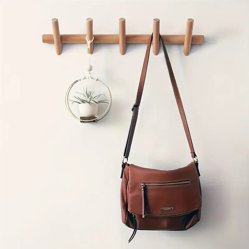 Oak Coat Rack - Wall/Door Mounted, 5 Hooks for Clothes & Bags