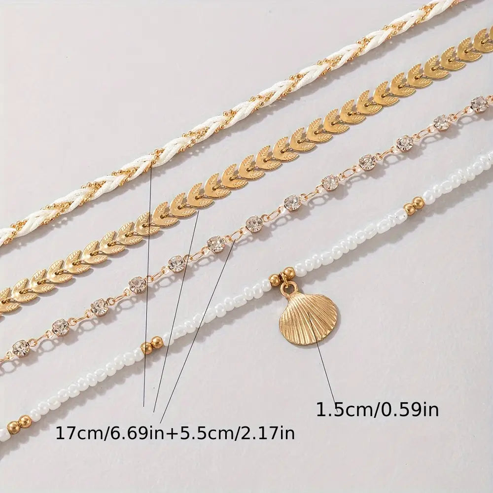 4-delige modieuze strandvakantie Puka schelpenarmbanden met eenvoudige vliegtuigketting en geweven touw voor vrouwen