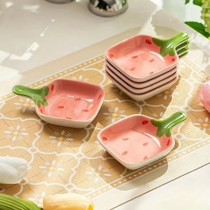 2PCS Strawberry Sauce Dishes – Handled Ceramic Plates for Snacks & Cheese