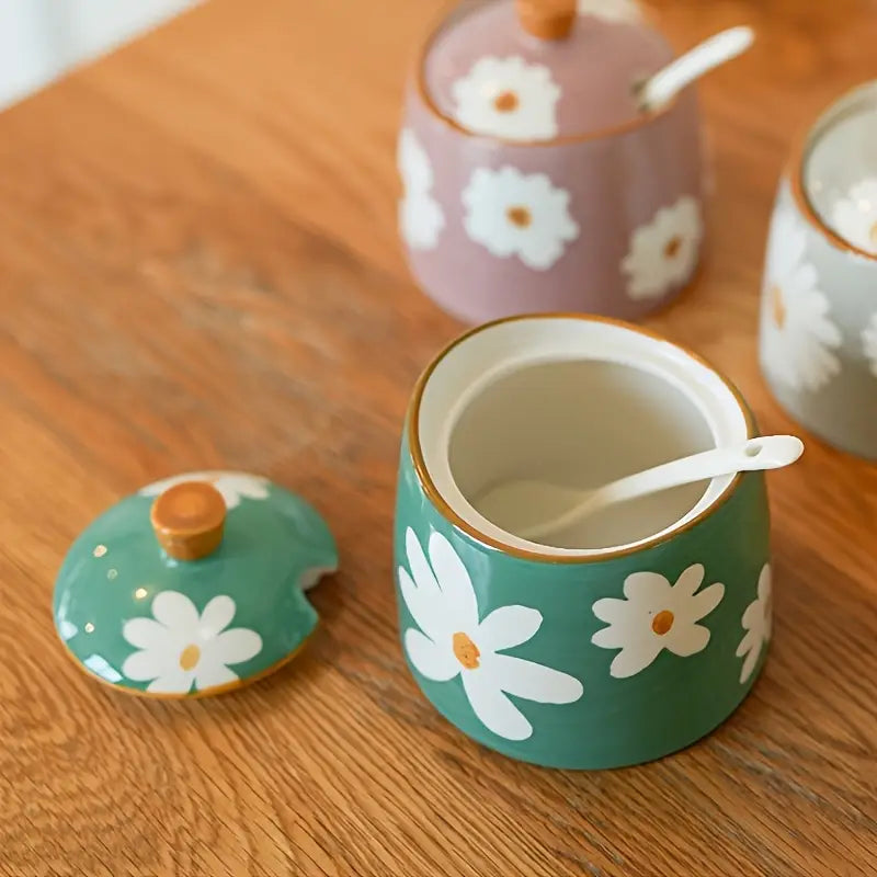 Floral Ceramic Spice Jar - Vintage Seasoning Container with Lid and Spoon
