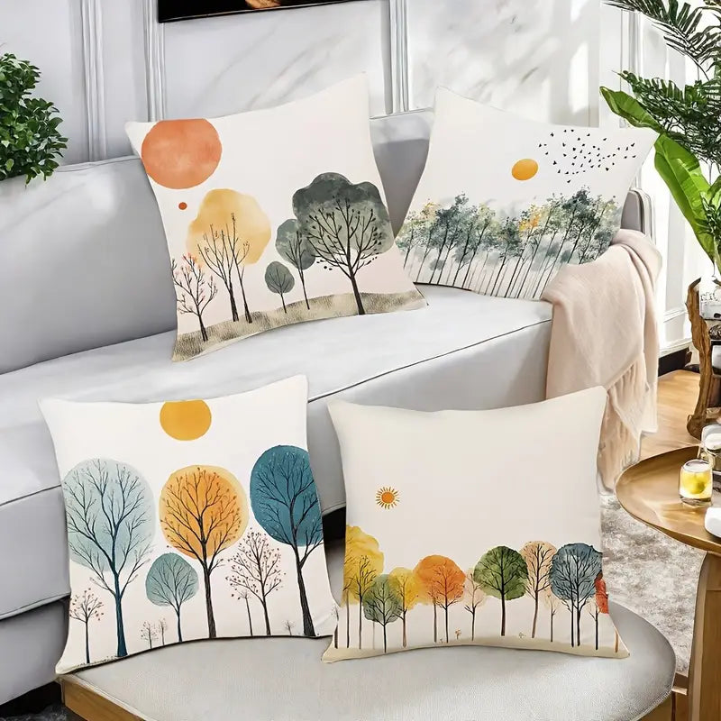 Watercolor Tree Sun Cushion Covers - 18x18 Pillow Cases - 4 Pack