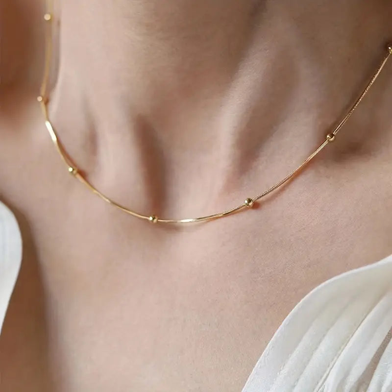 Gold Bead Snake Chain Necklace – Stainless Steel Minimalist Jewelry for Women