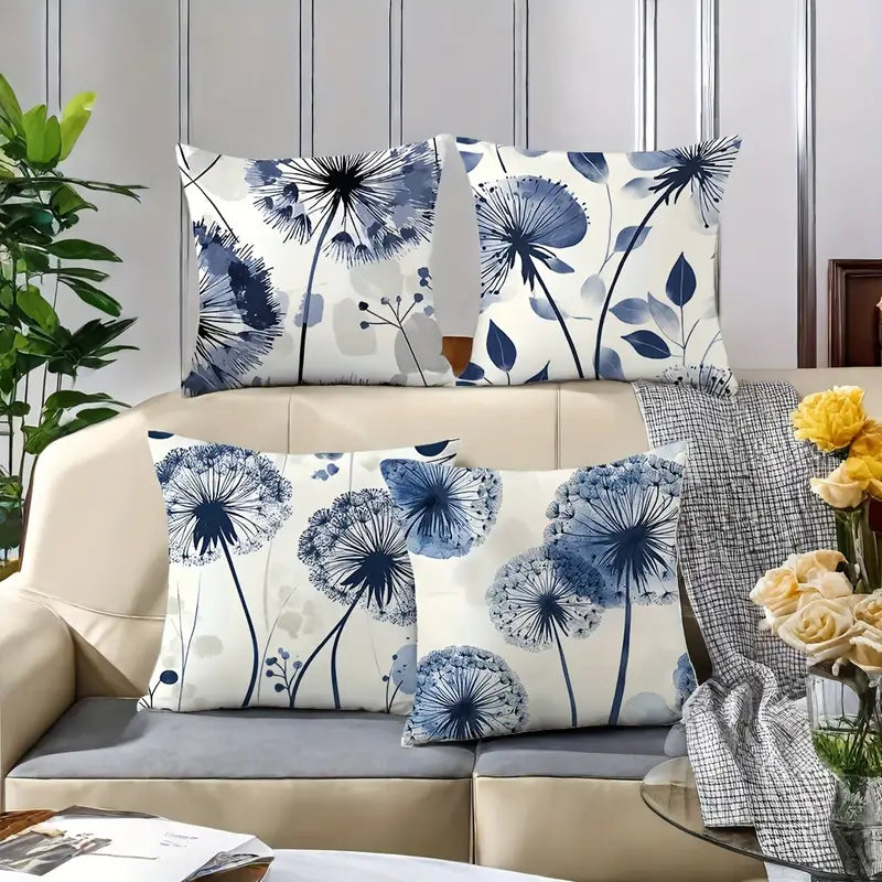 4PCS Dandelion Throw Pillow Covers – Blue & White Modern Cushion Cases for Living Room Décor
