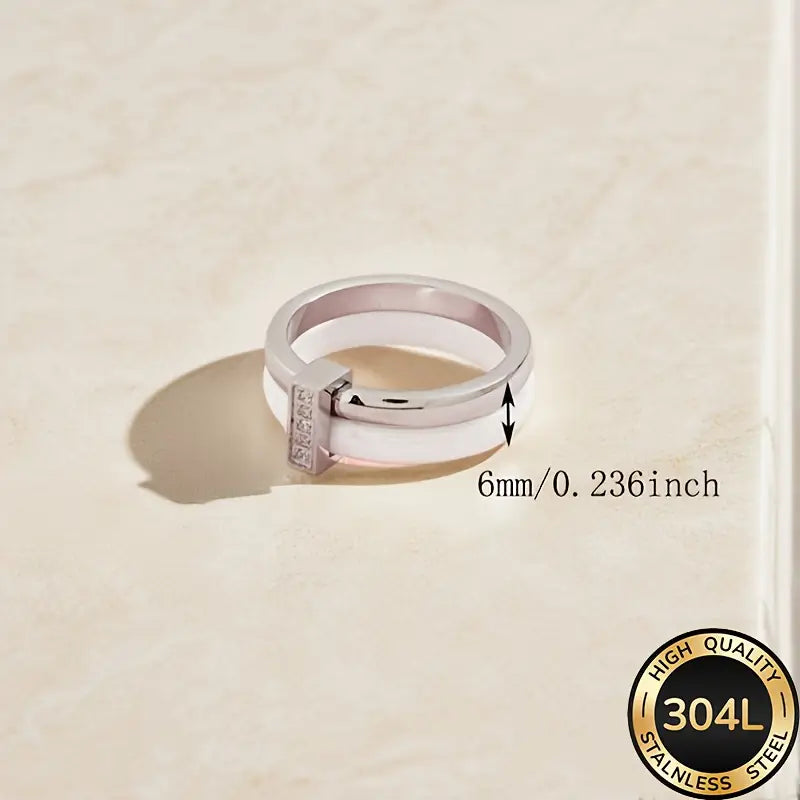 White Ceramic Ring Gold Plated CZ Wedding Band