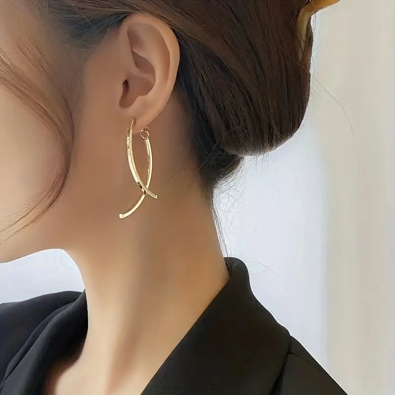 18K Gold Hoop Earrings: Long Minimalist Dangle