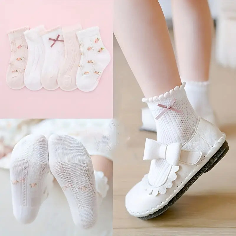 5 Pairs Cartoon Bowknot Socks | Breathable Mesh Crew Socks for Girls