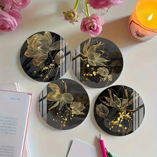 6pcs Set of Charming Gilded for Lotus Style Wooden Coasters