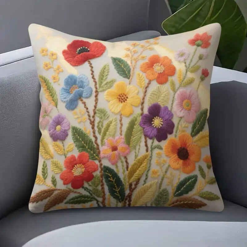 Embroidered Floral Pillow Covers 45x45cm - Decorative Throw Cushion