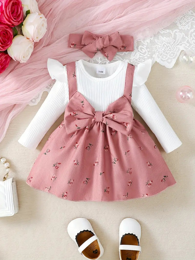 Robe en velours côtelé pour bébé fille | Ensemble deux pièces à manches longues et imprimé floral et nœud