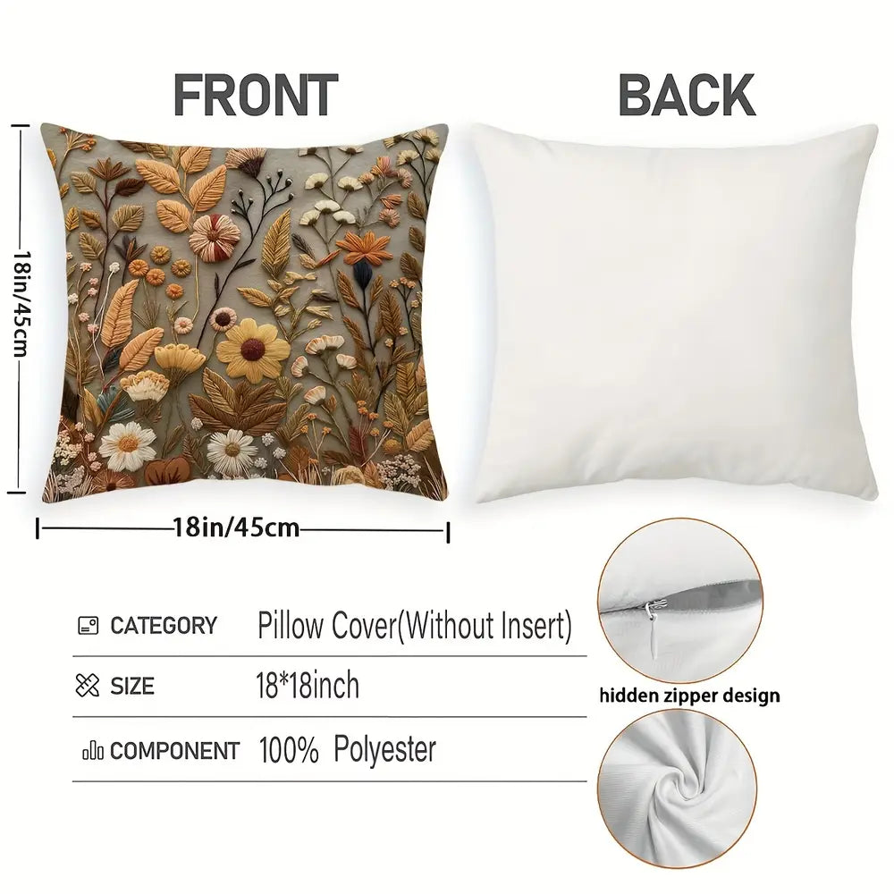 Lot de 2 housses de coussin style bohème chic, motif floral et feuilles, motif automne