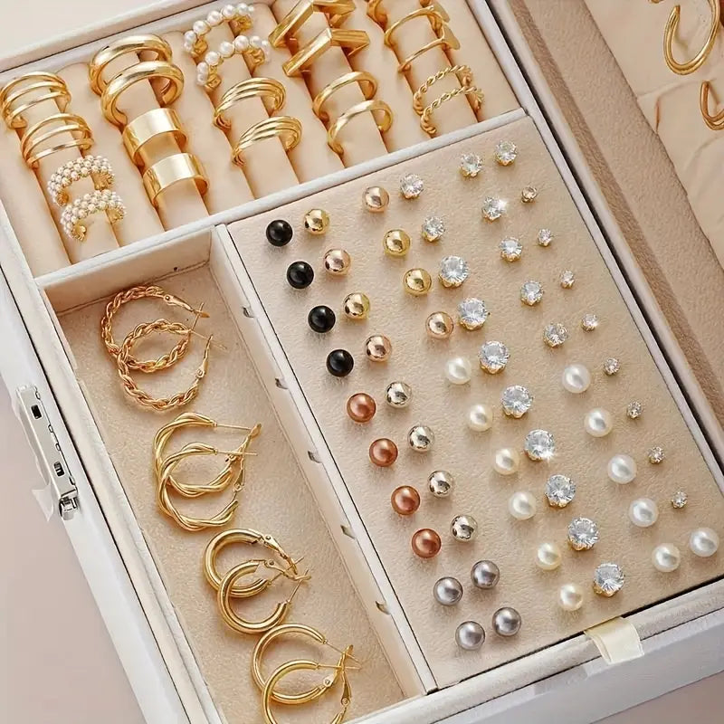 108pcs Elegant & Simple Earring Set for Women - Faux Pearls, Sparkling Rhinestones & Geometric Metal Hoops