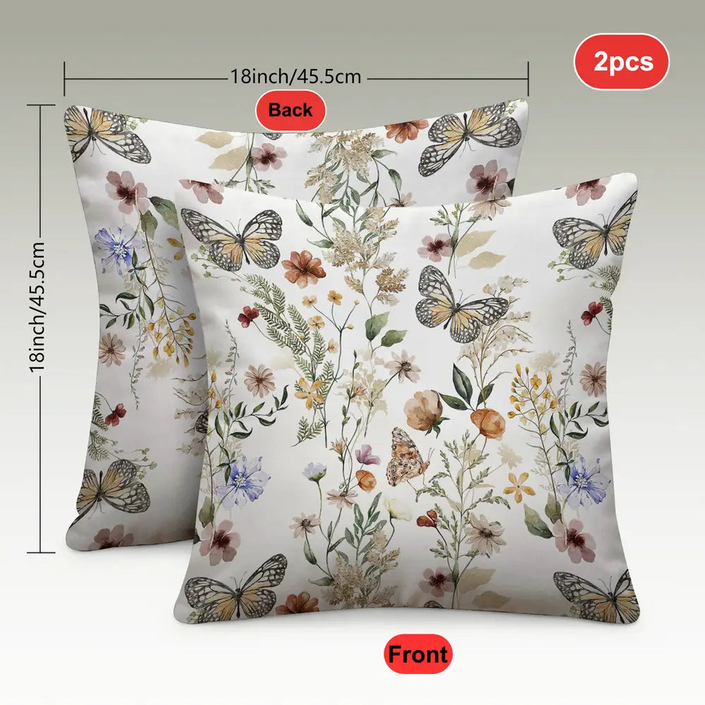 Set of 2 Contemporary Floral and Butterfly Throw Pillow Covers, 45.72x45.72 cm