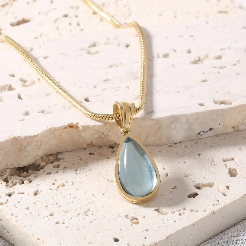 18K Gold Water Drop Necklace - Vintage Pendant Jewelry
