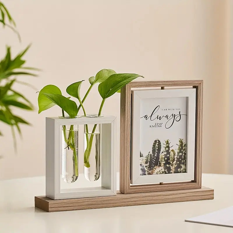 Inspirational Photo Frame with Plant Holders - Wooden Desk Decor