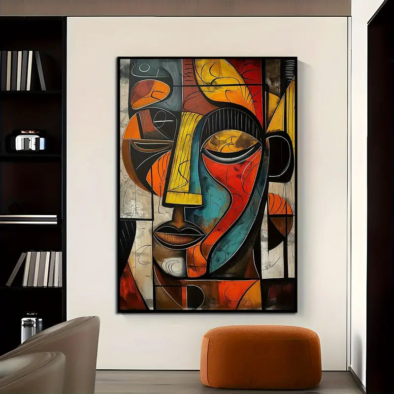 Retro Ink Abstract Canvas Painting – African Face Wall Art for Bedroom & Living Room