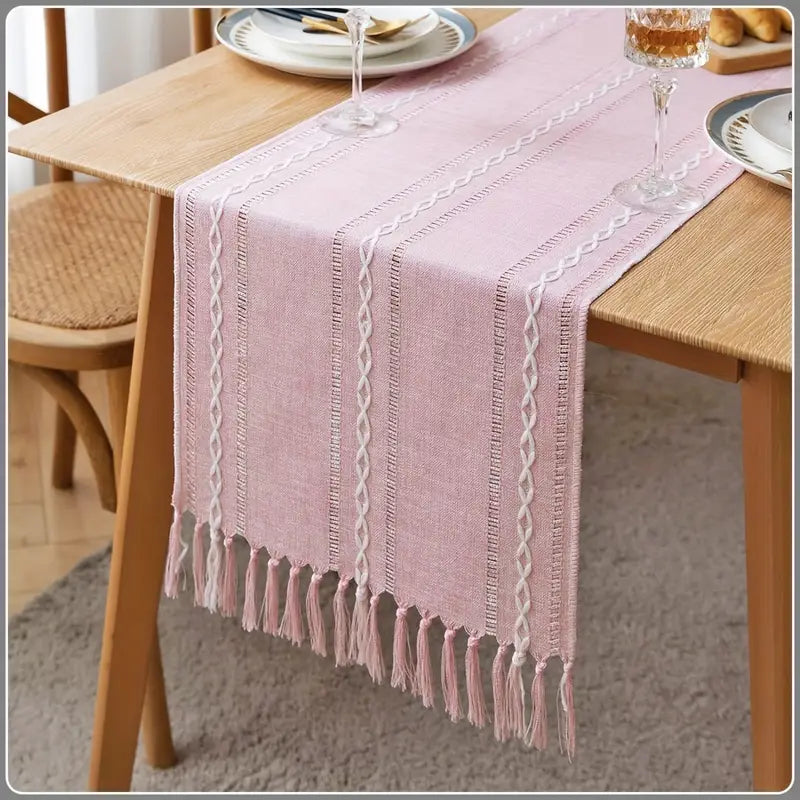 Rustic Boho Farmhouse Table Runner – Linen with Tassels, Handmade Embroidery