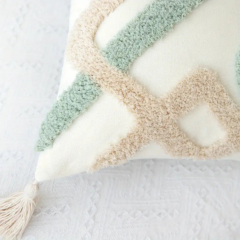 Geometric Tufted Cushion Cover - Tassel Decor Polyester Pillow Case