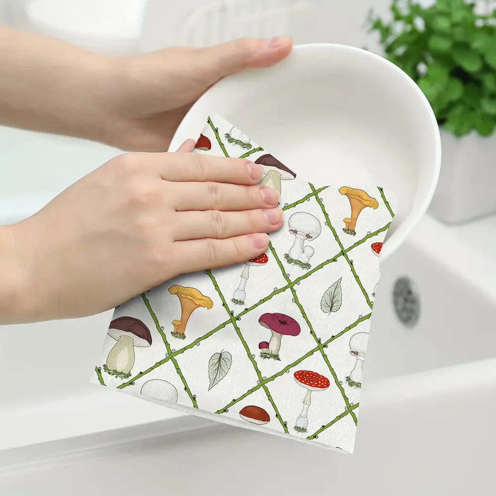 2 stuks, handdoeken, vaatdoek met paddenstoel, dahlia, mandarablad en kardinaalprint