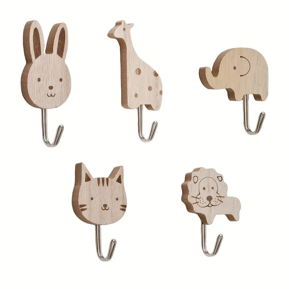 5pcs Wooden Animal Wall Hook Set, Cat, Lion, Rabbit, Giraffe, Elephant Shape Hooks
