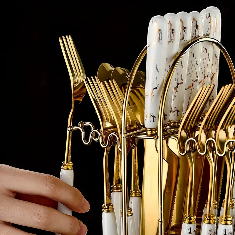 24-Piece Stainless Steel Marble Cutlery Set with Holder