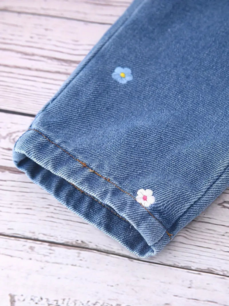Schattige geborduurde meisjesjeans - zachte rayonmix, machinewasbaar voor herfst/winter met zakken